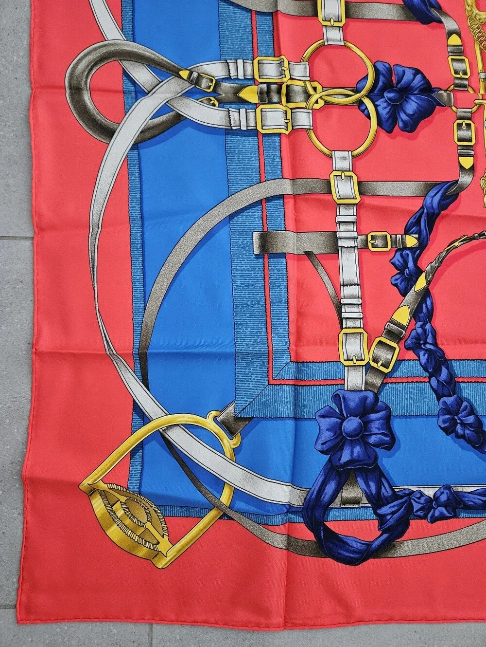 Hermes Red, Blue and Gold Equestrian Motif Silk Scarf 90X90cm  authentic